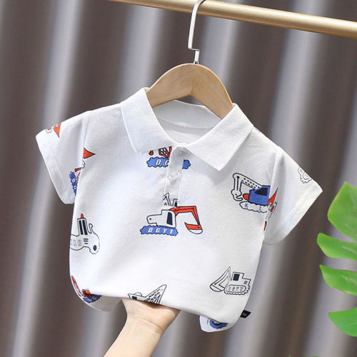 Boys and girls short-sleeved T-shirt children's 2023 summer new Korean version of the cartoon baby full print lapel polo shirt top
