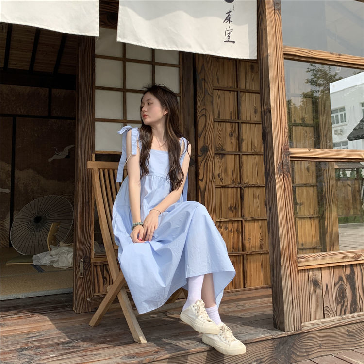 Lace-up bowknot super fairy temperament sling dress female summer forest long skirt loose slim sweet little skirt