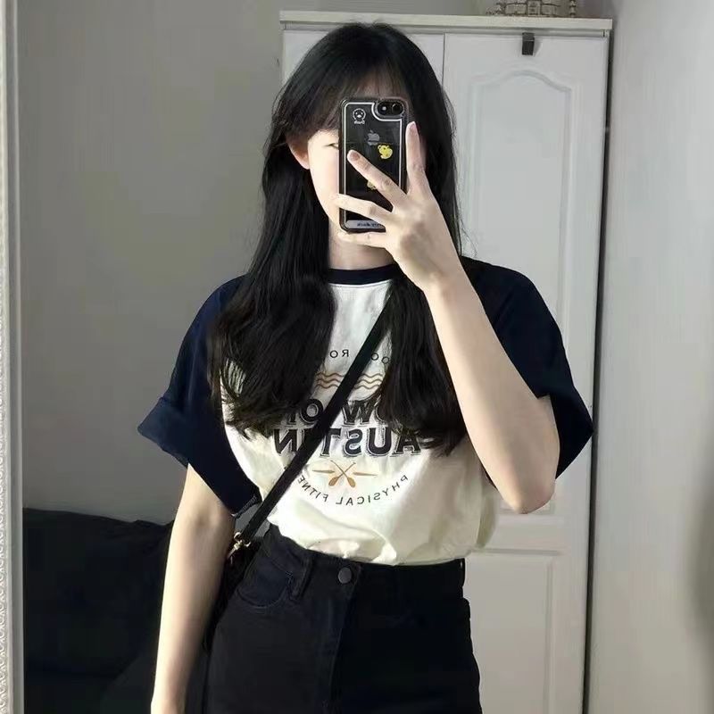 100% cotton American retro short-sleeved shoulder t-shirt women's 2022 new summer design sense niche loose top