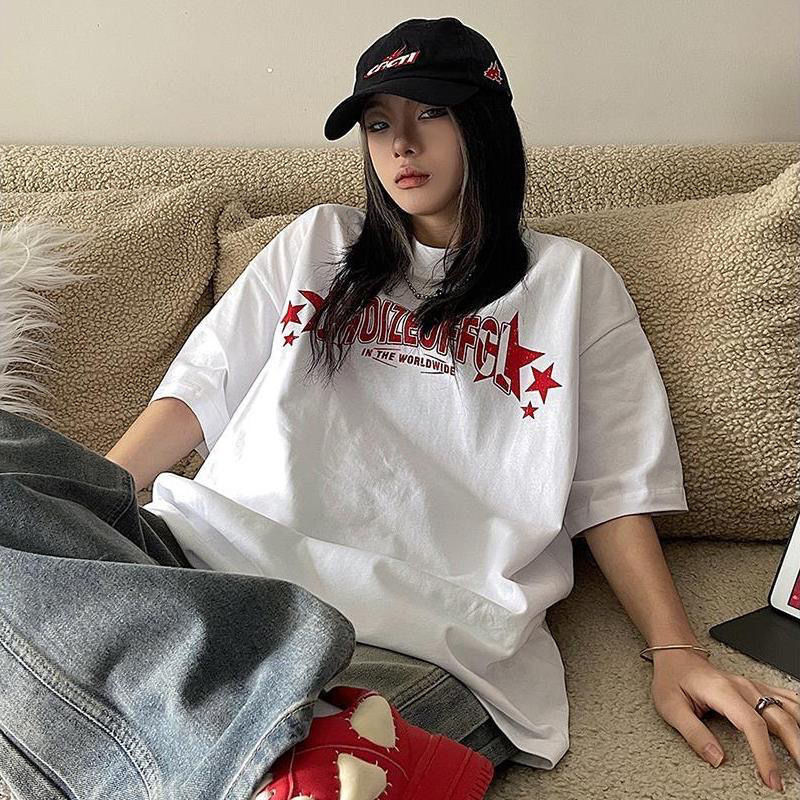 100% cotton American hiphop short-sleeved t-shirt female students Korean version loose new versatile niche chic top