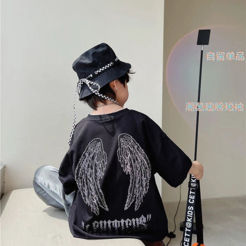 Boys' short-sleeved T-shirt summer clothes new middle-aged and big children's loose tops baby wings hot drill children's half-sleeved girls' tide
