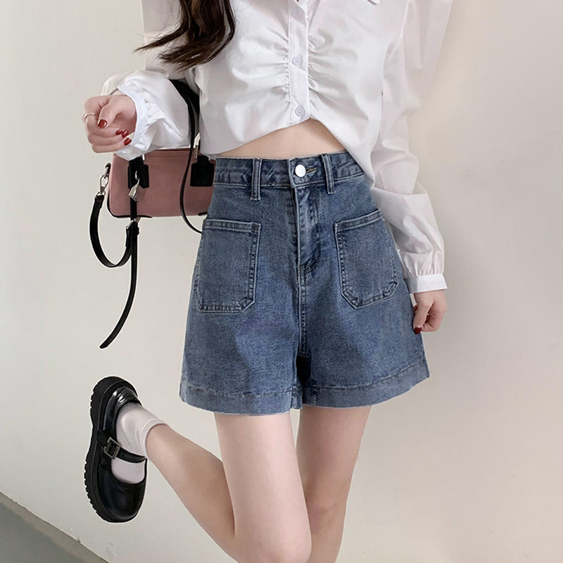 Large size fat sister mm denim shorts female summer Korean version high waist loose A-line hot pants look thin and versatile wide-leg pants