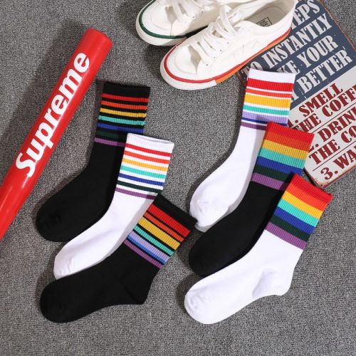 Socks women's mid-tube ins tide all-match black and white rainbow strip sports socks cartoon net red couple long tube ladies socks