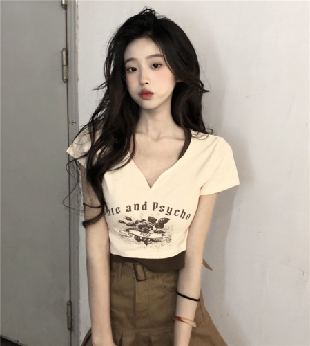 Real shot Sweet and spicy pure desire pure cotton V-neck print stitching color short top + all-match high waist coffee color skirt