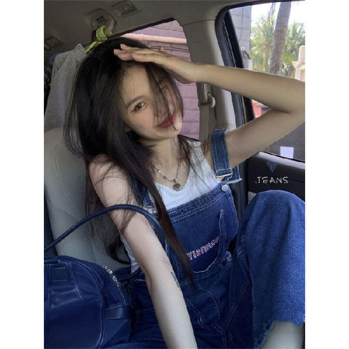 Net red age-reducing high-waisted denim overalls women's spring and autumn thin section large size retro loose high-sense mopping wide-leg pants