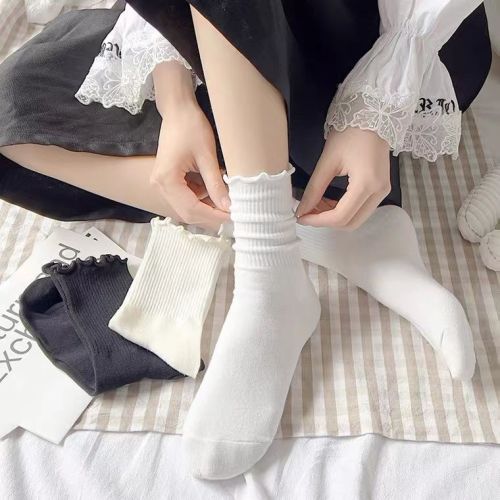 White lace socks women's mid-tube summer thin section Mary Jane shoes wood ear socks ins all-match cute Japanese jk