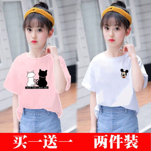 100% cotton Girls pure cotton short-sleeved t-shirt Girls and children's clothes middle and big children's summer clothes students foreign style tops