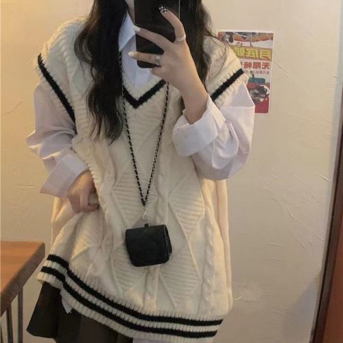 Fat MM large size suit spring and autumn Korean style French long-sleeved shirt + college style color contrast V-neck knitted sweater vest female