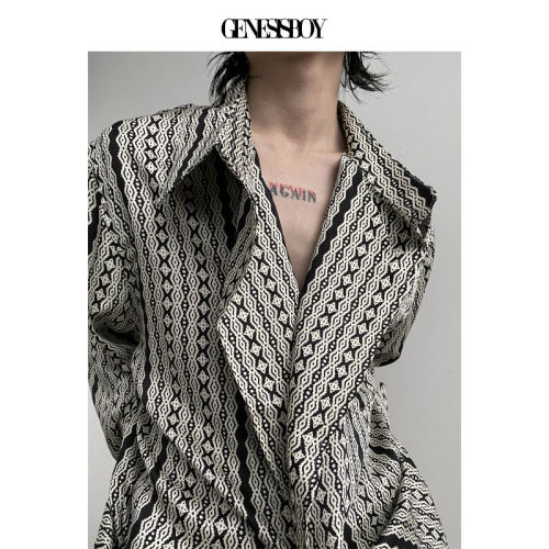 GENESISBOY[3.4am20:00] Double-button lazy wind ice silk drape loose long-sleeved floral shirt for men and women