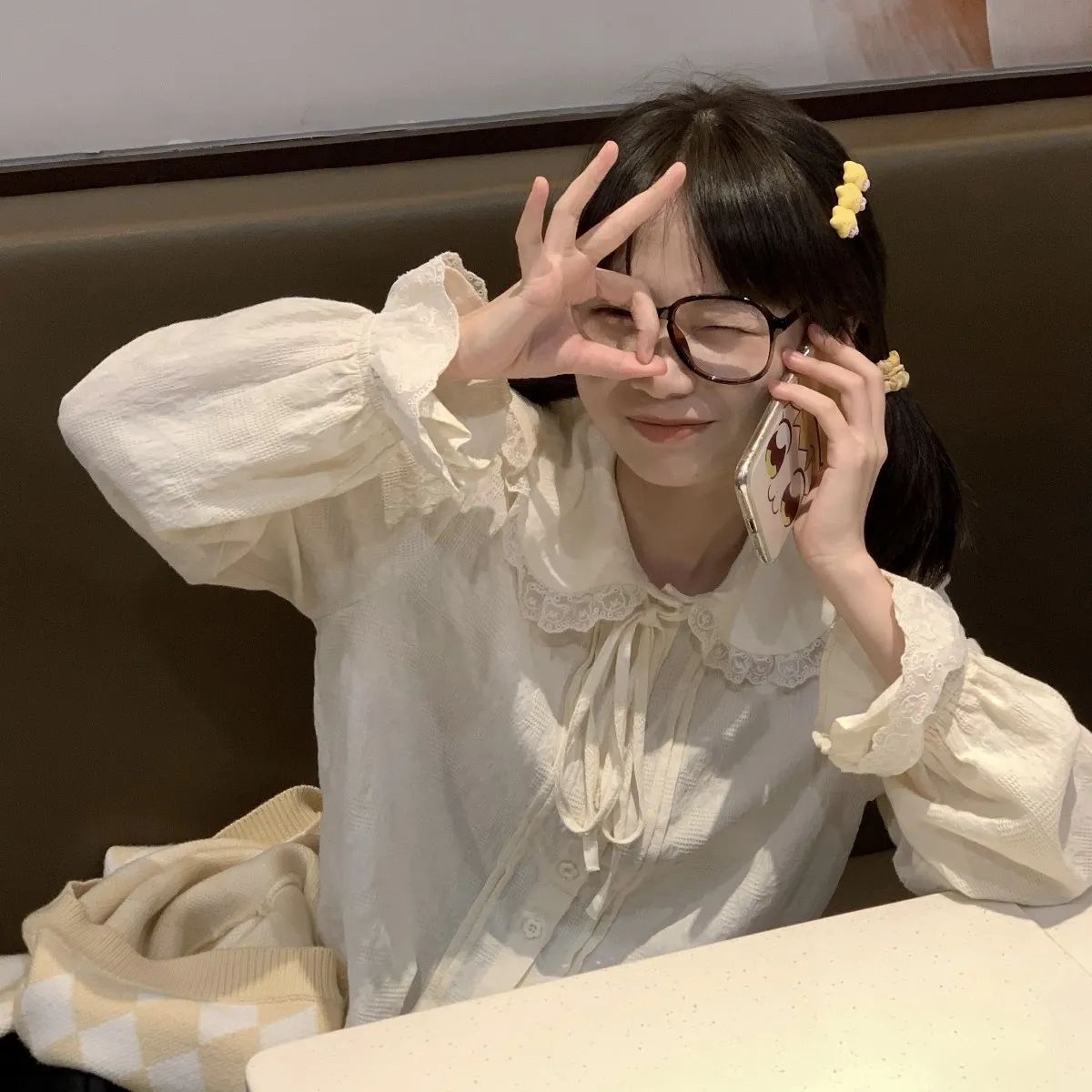 Bubble bus popbus original bear lace petal collar loose Japanese tie rope long-sleeved bubble sleeve shirt
