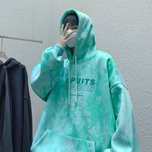 Tie-dye hooded sweater men's autumn loose trendy brand pullover clothes spring and autumn ins Hong Kong style Korean style trendy jacket