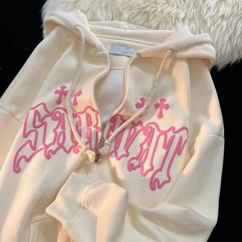 American foam letter cardigan hooded sweater women 2023 autumn street lazy wind couple trend coat ins