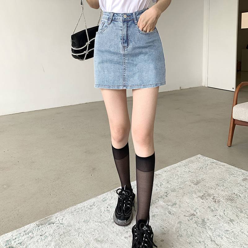 Light blue a-line denim skirt 2022 summer new style high waist slim and high all-match bag hip skirt trendy