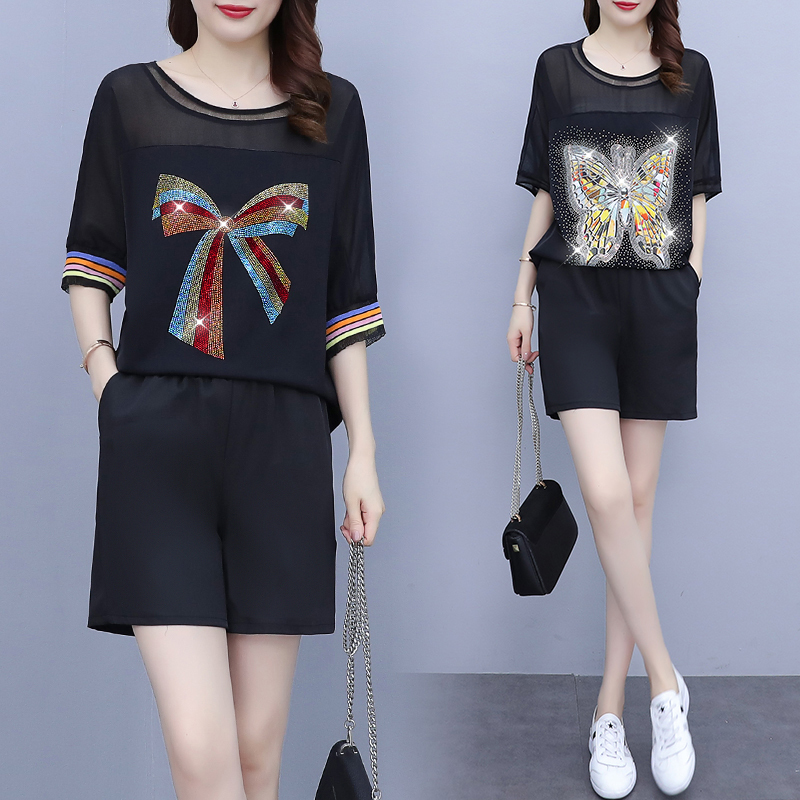Real shot of 2023 summer fashion two-piece suit plus size women's clothing new age-reducing fat mm casual sports shorts tide