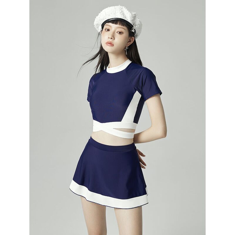 2022 new sports style girl split short-sleeved swimsuit high waist slim conservative student skirt swimsuit female