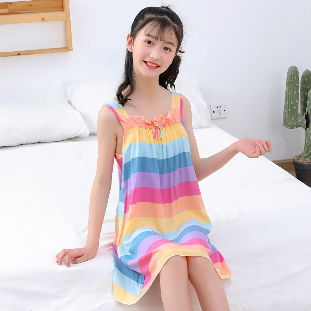 Girls Nightdress Thin Section Cotton Silk Girls Pajamas Summer Big Kids Sling Princess Dress Artificial Cotton Home Service
