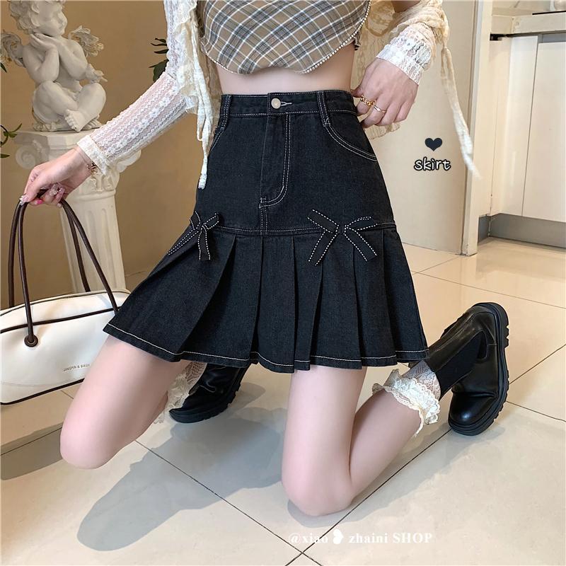 Retro denim skirt ladies summer 2022 new high waist small skirt pleated skirt a-line skirt