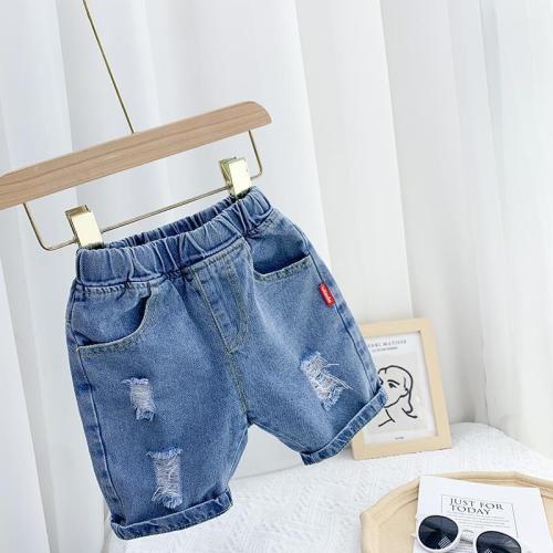 Boys' ripped jeans five-point pants children's 2023 summer thin section children's shorts baby Korean version soft outerwear