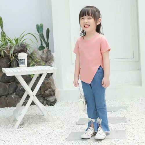 2023 spring and autumn new children's slit jeans girl baby bowknot elastic flared pants girls Korean version pants