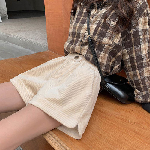 Plus velvet shorts women's loose  spring and autumn new Korean version of corduroy wide-leg boots pants all-match thickened casual pants