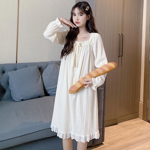 Women's pajamas autumn and winter long-sleeved nightdress pure cotton spring and summer suit cute solid color plus velvet thick new home service