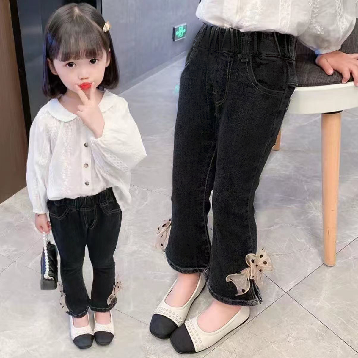 2023 Spring and Autumn New Girls Black Jeans Children's Elastic Flared Pants Female Treasure Korean Fashion Slit Pants