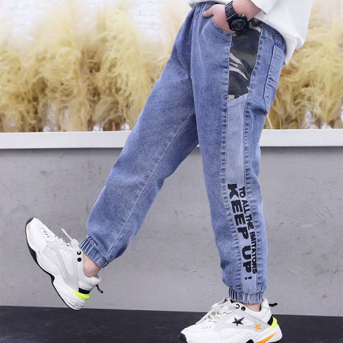 Boys' jeans spring and autumn children's trousers loose middle and big boys' pants winter plus velvet thickened trousers