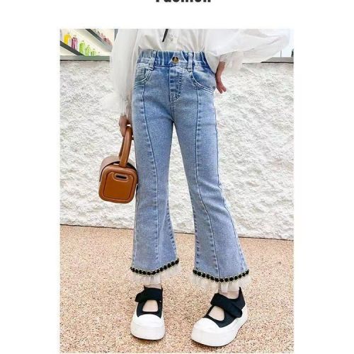  Spring and Autumn New Girls' Western Style Fashionable Jeans Children's Slim Flared Pants Baby Elastic Outerwear Pants