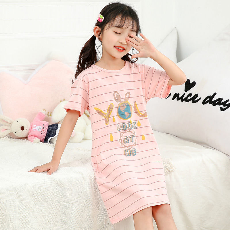Girls' nightdress pure cotton summer dress short-sleeved princess middle-aged and older children's home clothes girls children's pajamas parent-child dress thin section