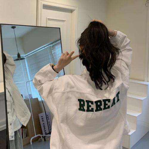 Hong Kong style retro chic letter embroidery white denim jacket female spring and autumn student loose casual jacket tide ins