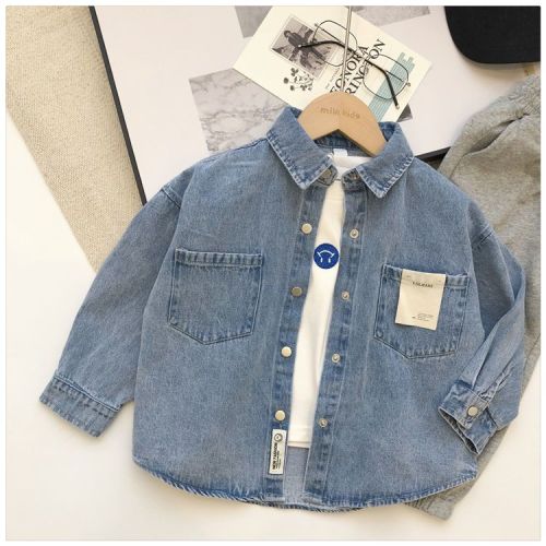 Children's denim shirt male 2023 new boys' long-sleeved shirt spring and autumn foreign style coat male baby tops children's clothing