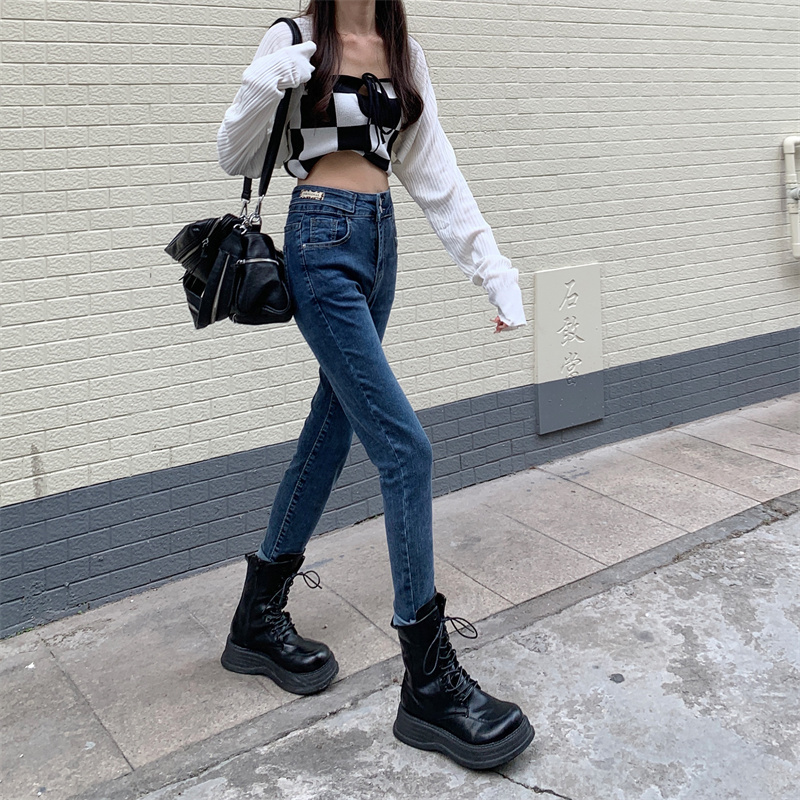 Real shot 2023 spring and autumn new high-waisted jeans female slimming slim feet tight nine-point pencil pants