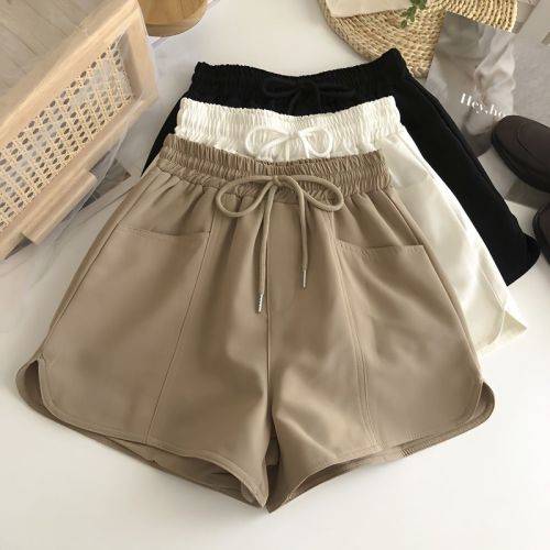 Drawstring tie high waist double pocket casual pants women 2023 spring and summer new Korean version all-match outerwear wide-leg shorts