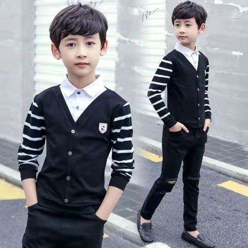 Boys' shirt long-sleeved cotton middle-aged and older children's spring and autumn bottoming shirt children's sweater new Korean version of the boy's t-shirt trend