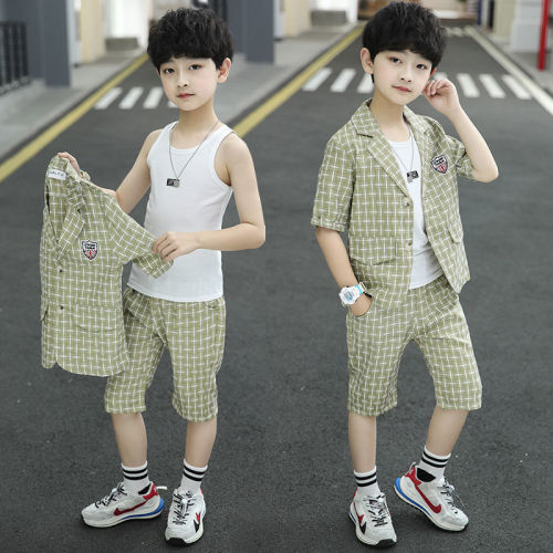 Children's clothing boy suit suit 2023 new children's small suit summer suit three-piece short-sleeved dress Korean handsome