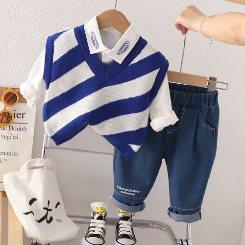 Baby vest three-piece autumn suit 2023 new foreign style sweater trendy children's clothing boys spring suit college style