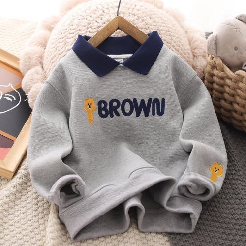 Boys fleece sweater 2023 autumn and winter new children's casual foreign style polo shirt thickened warm bottoming top trend