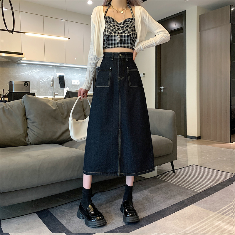 Real shot denim skirt women's spring 2023 new high waist thin and small all-match A-line mid-length skirt