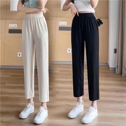 Ice silk pants women's summer small seven-point thin section high-waisted high-slung eight-point straight-leg pants wide-leg pants cool pants