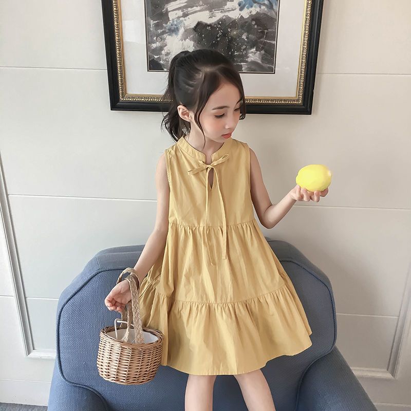 Summer dress girls foreign style solid color cotton dress 2022 summer little girl net red children's princess skirt children's clothing