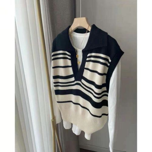 Autumn new polo collar lapel color contrast striped sleeveless knitted French vest vest women's college wind top
