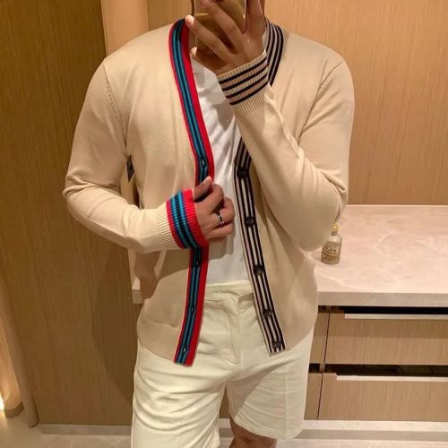 2023 new spring and autumn men's foreign style contrast color thread knitted cardigan literary style fashionable casual sweater jacket