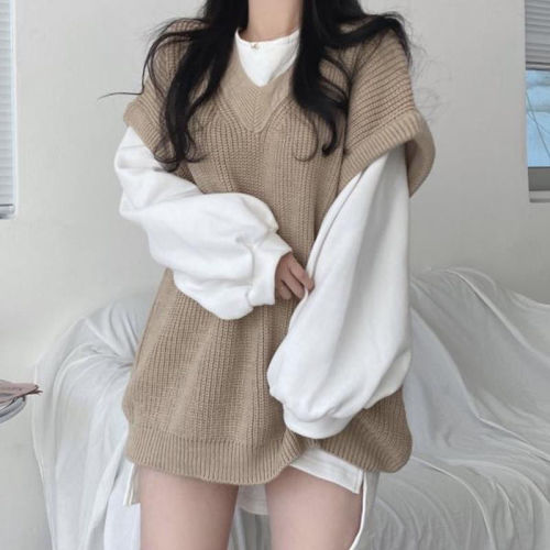 One piece/set  Spring and Autumn Korean Style French Slit Long-sleeved Top + Casual Knitted Sweater Vest Women's Fashion