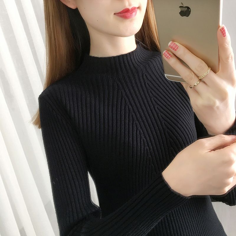 Mid-collar knitted sweater for women's autumn and winter new half turtleneck sweater bottoming shirt Slim slim Korean women's top