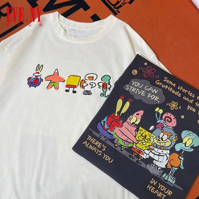 100% cotton short-sleeved t-shirt women 2023 summer new SpongeBob SquarePants niche chic casual loose top trend