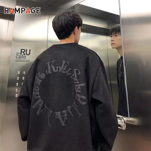 Suede round neck sweater men's spring and autumn new trend tide brand ins high street American retro spring clothes men