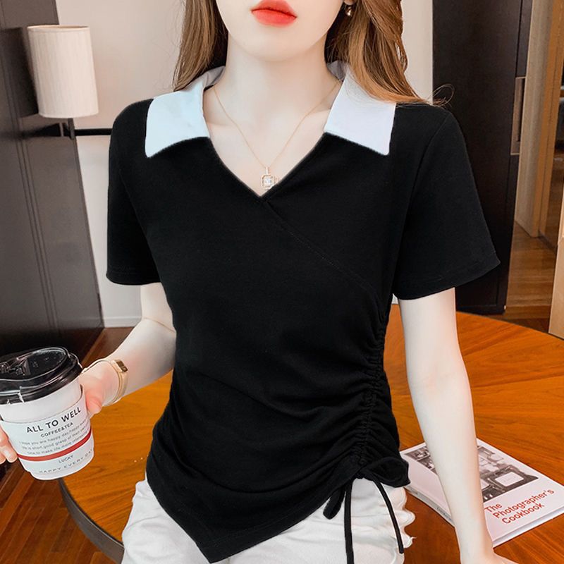 Large size thin design lapel short-sleeved T-shirt women's summer fat sister irregular POLO collar top bottoming shirt