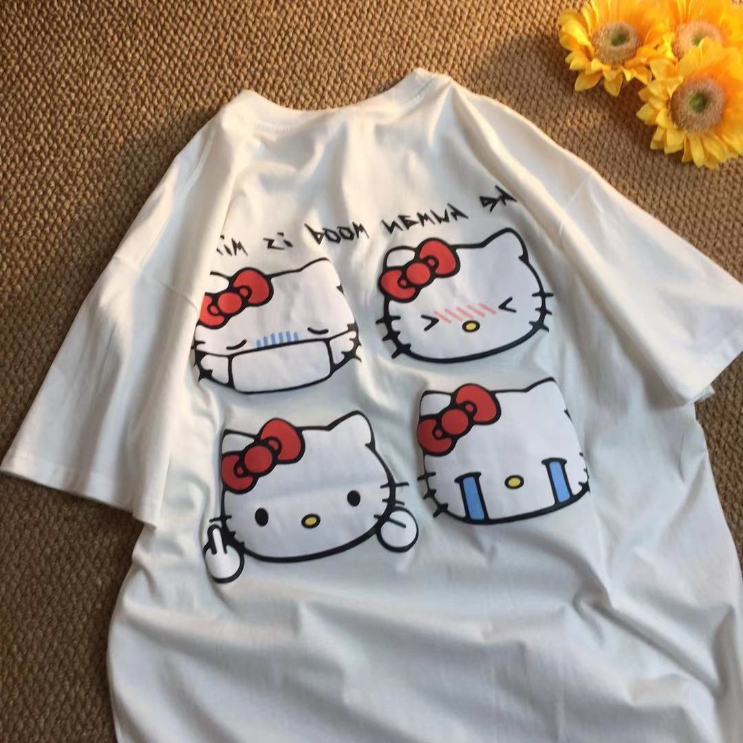 Hong Kong style casual all-match cartoon Hello Kitty short-sleeved couple outfit retro ins tide student summer half-sleeved T-shirt for men and women