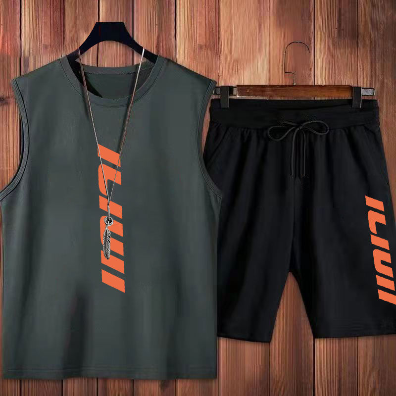 Large size summer thin section trendy shorts suit men 2023 new loose handsome vest five-point pants two-piece set
