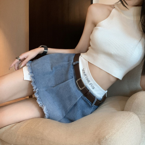 Real price hot girl denim skirt long legs secret irregular fake two-piece miniskirt pleated skirt